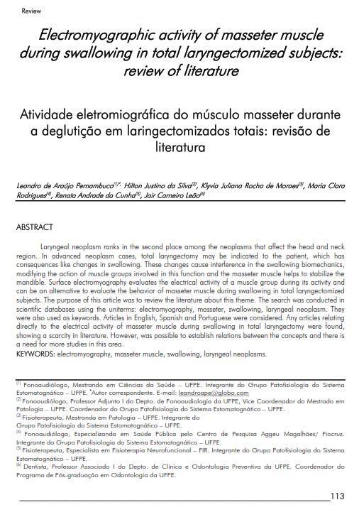 Cover of Electromyographic activity of masseter muscle during swallowing in total laryngectomized subjects: review of literature.