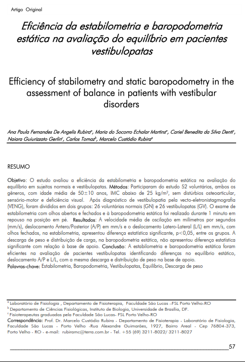 Cover of Eficiência da estabilometria e baropodometria estática na avaliação do equilíbrio em pacientes vestibulopatas.
