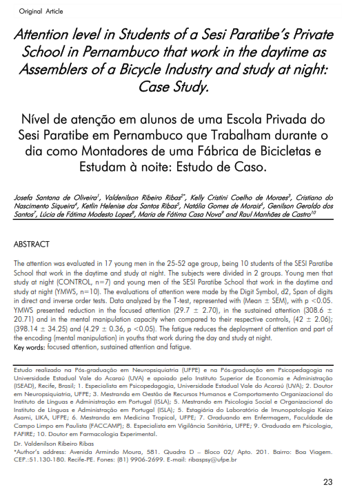 Cover of Attention level in Students of a Sesi Paratibe’s Private School in Pernambuco that work in the daytime as Assemblers of a Bicycle Industry and study at night: Case Study.