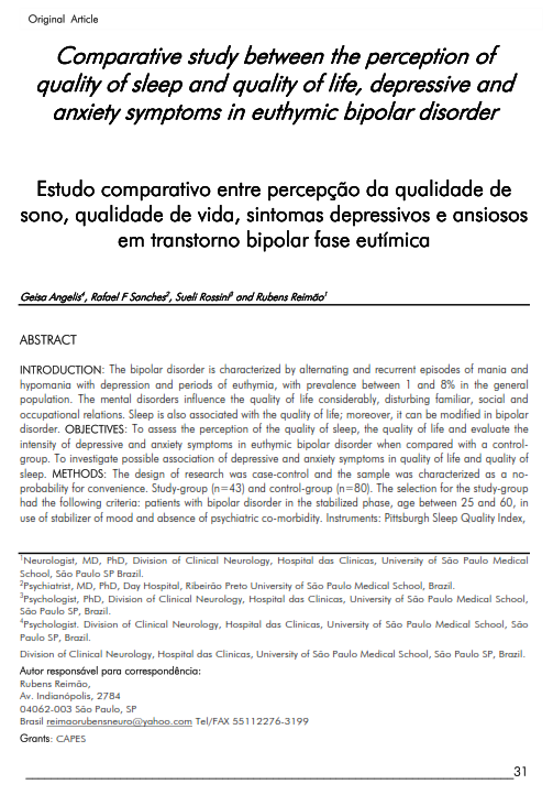 Cover of Comparative study between the perception of quality of sleep and quality of life, depressive and anxiety symptoms in euthymic bipolar disorder.