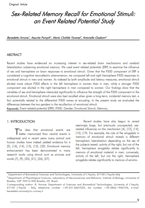 Cover of Sex-Related Memory Recall for Emotional  Stimuli: an Event Related Potential  Study.