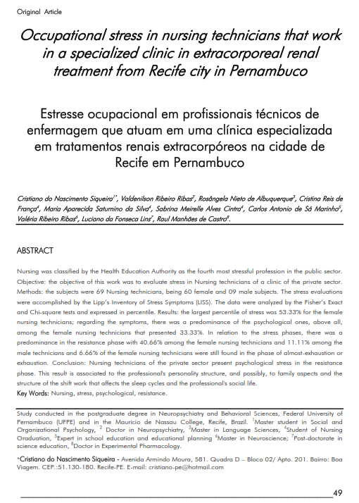 Cover of Occupational stress in nursing technicians that work in a specialized clinic in extracorporeal renal treatment from Recife city in Pernambuco.