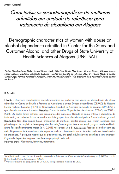 Cover of Demographic  characteristics of women with abuse or alcohol dependence admitted in Center for the Study and Customer Alcohol and other Drugs of State University of Health Sciences of Alagoas (UNCISAL).