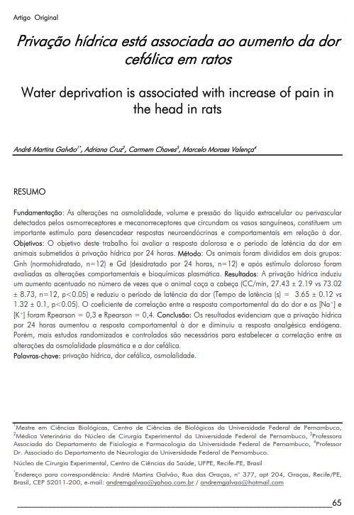 Cover of Water deprivation is associated  with increase of pain in the head in rats.