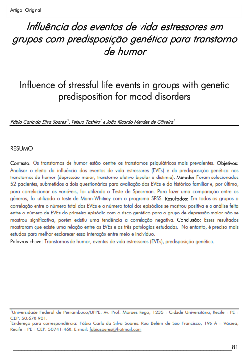 Cover of Influence of stressful life events in groups with genetic predisposition for mood disorders.