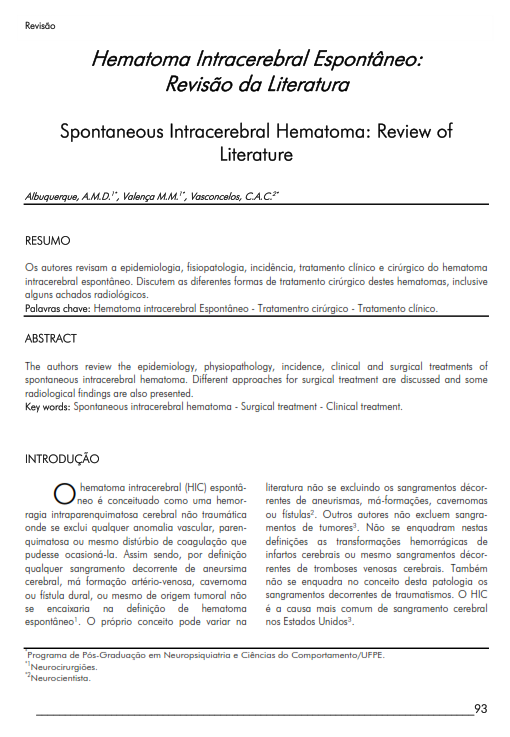 Cover of Spontaneous  Intracerebral Hematoma:  Review of Literature.