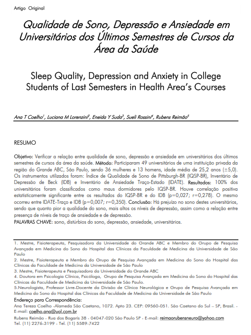 Cover of Qualidade de Sono, Depressão e Ansiedade em Universitários dos Últimos Semestres de Cursos da Área da Saúde