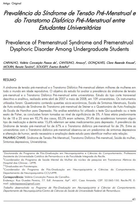 Cover of Prevalência da Síndrome de Tensão Pré-Menstrual e do Transtorno Disfórico Pré-Menstrual entre Estudantes Universitárias