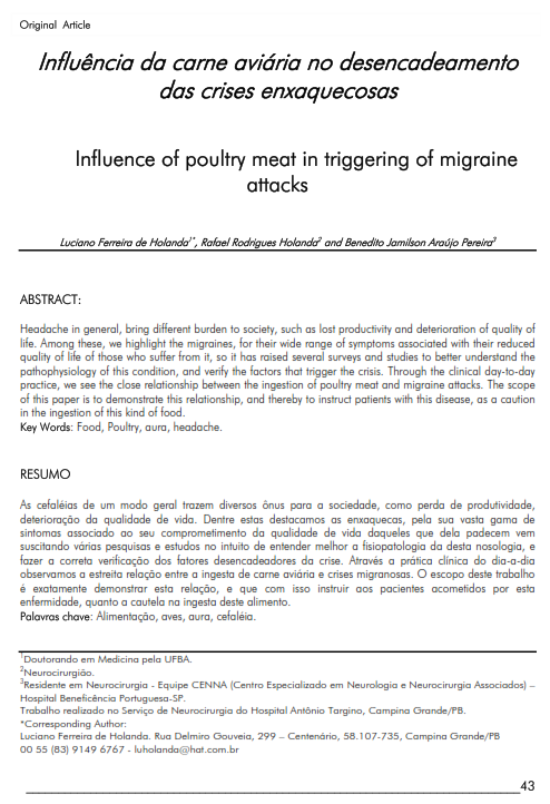 Cover of Influence of poultry meat in triggering of migraine attacks.