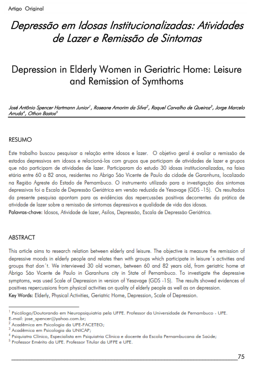 Cover of Depression in Elderly Women in Geriatric Home: Leisure and Remission of Symthoms.