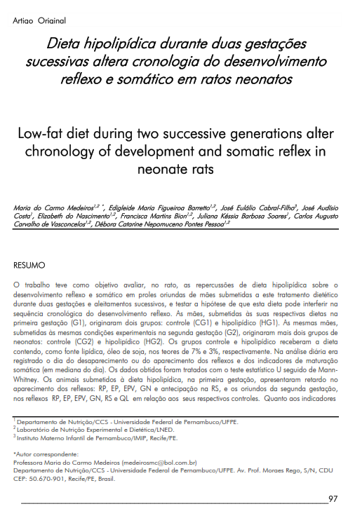 Cover of Dieta hipolipídica durante duas gestações sucessivas altera cronologia do desenvolvimento reflexo e somático em ratos neonatos.