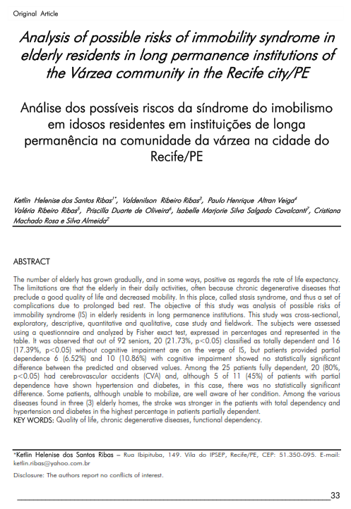 Cover of Analysis of possible risks of immobility syndrome in elderly residents in long permanence institutions of the Várzea community in the Recife city/PE
