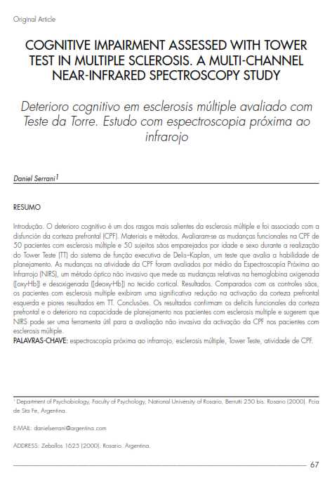 Cover of COGNITIVE  IMPAIRMENT ASSESSED WITH TOWER TEST IN MULTIPLE SCLEROSIS. A MULTI-CHANNEL NEAR-INFRARED SPECTROSCOPY STUDY