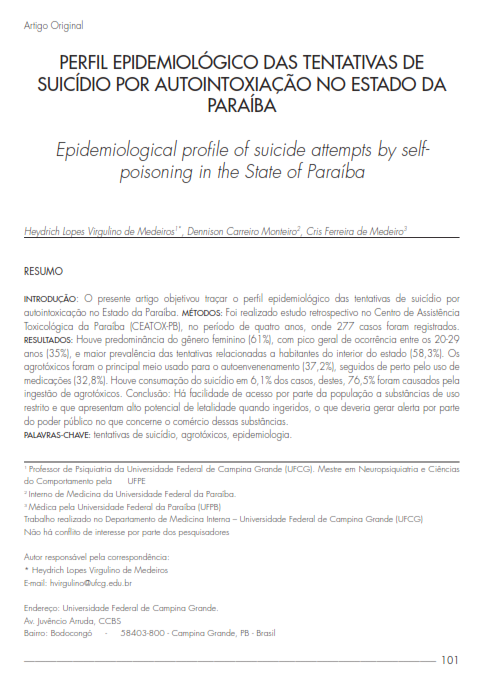 Cover of Epidemiological profile of suicide attempts by self- poisoning in the State of Paraíba